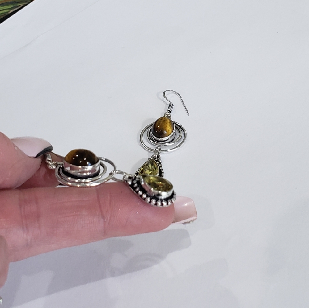 Tiger eye earrings, 925 silver tiger eye citrine dangle earrings - Picture 9 of 12